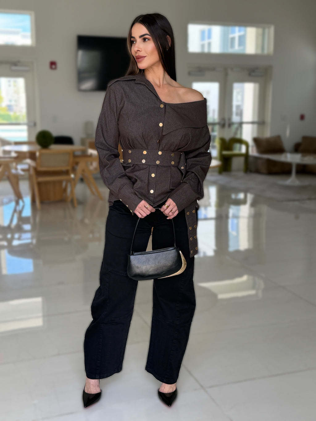 ESTELLE ASYMMETRIC DENIM TOP - CHOCOLATE