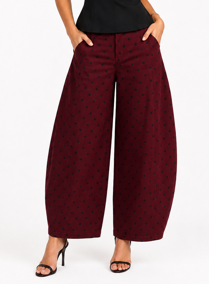 MAELLE POLKA DOT BARREL PANTS – BURGUNDY