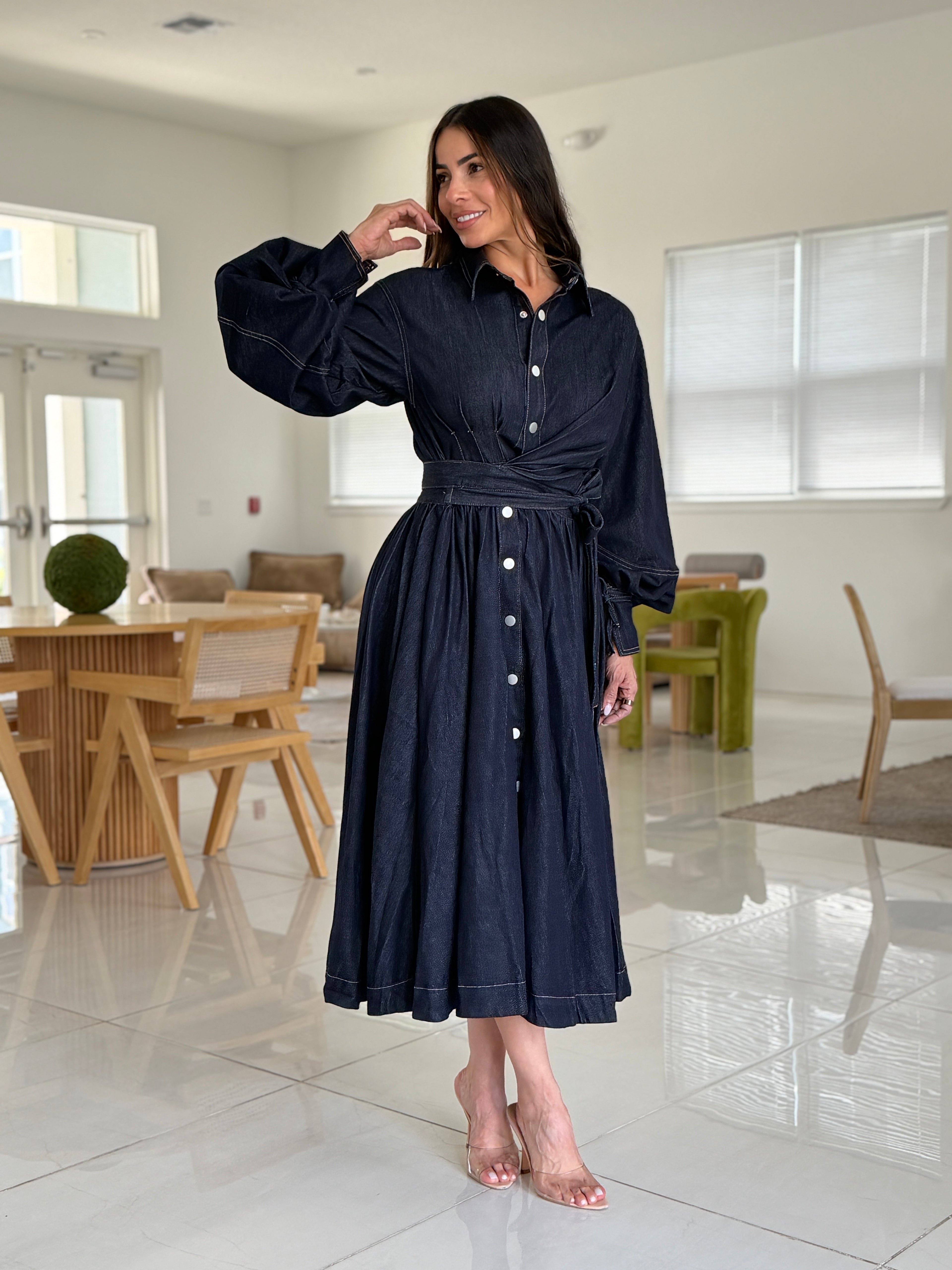 MIDNIGHT DENIM MIDI DRESS