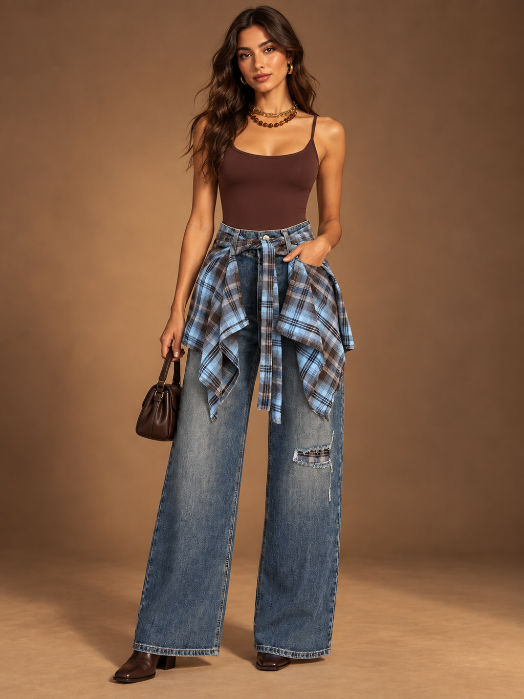 PLAID TIE WIDE LEG JEANS