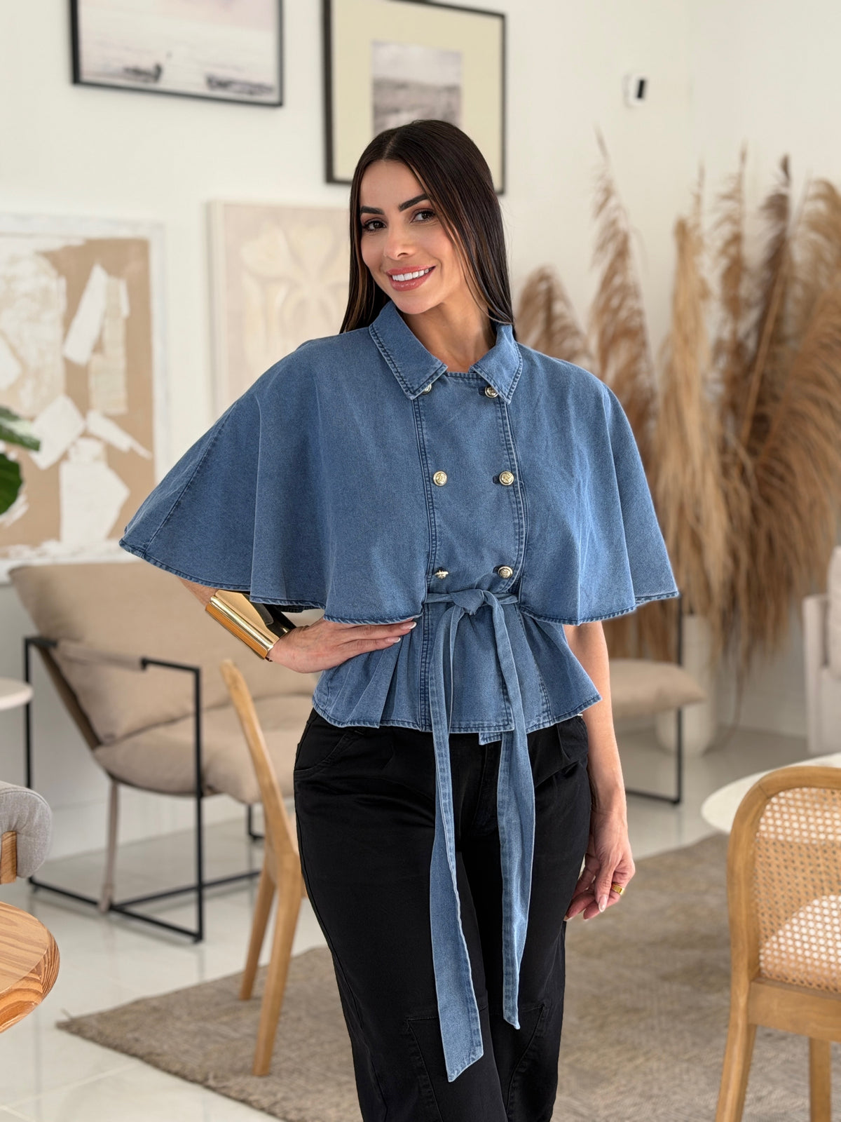 COLETTE DENIM CAPE JACKET - MEDIUM BLUE