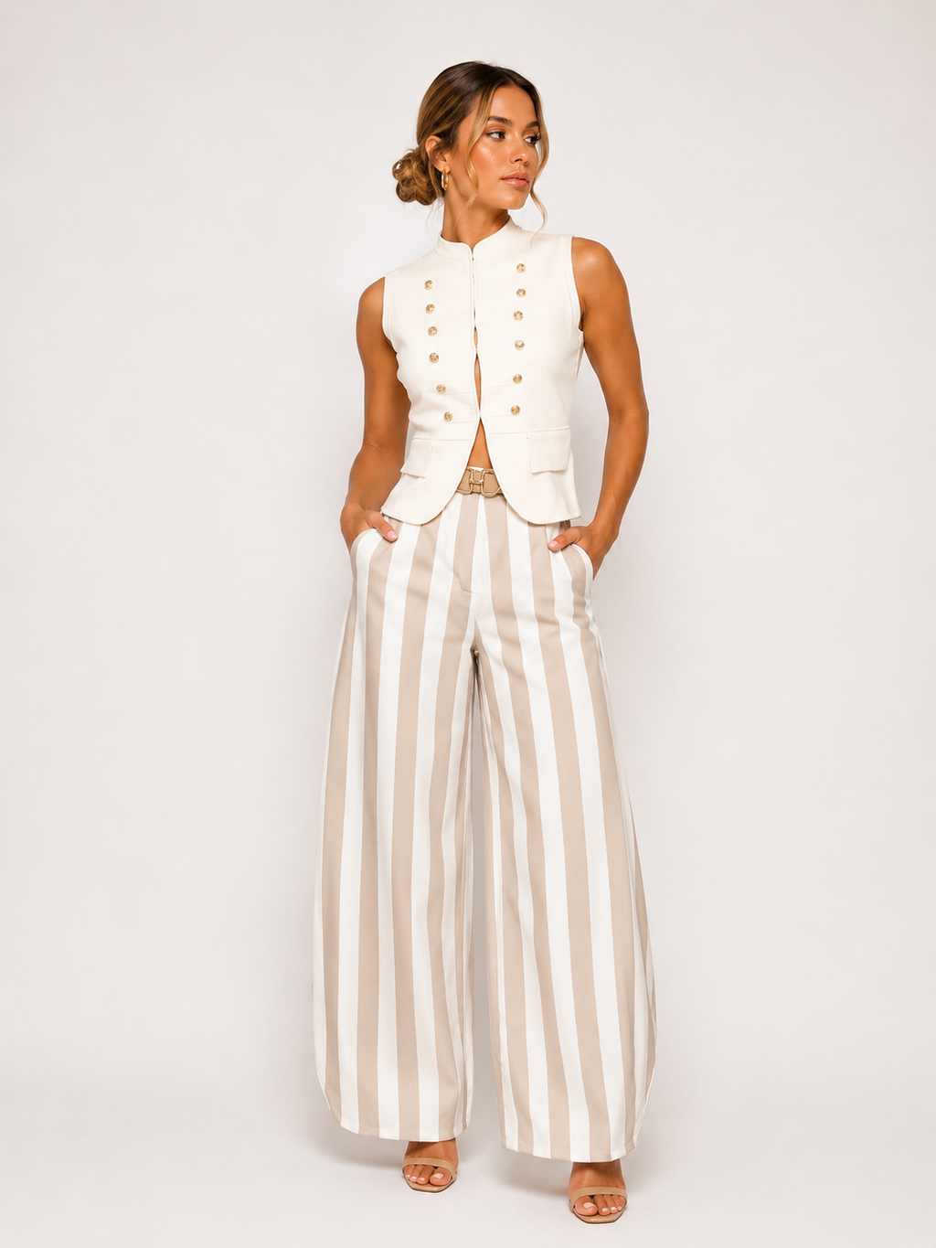 COLETTE STRIPE BARREL PANTS – IVORY/BEIGE