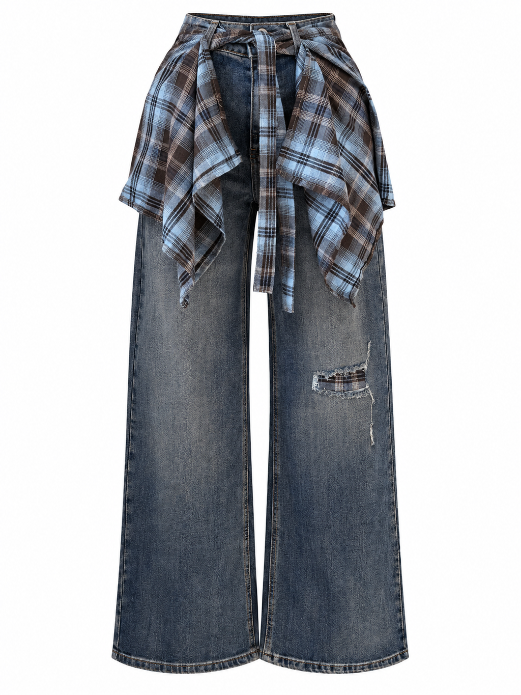 PLAID TIE WIDE LEG JEANS