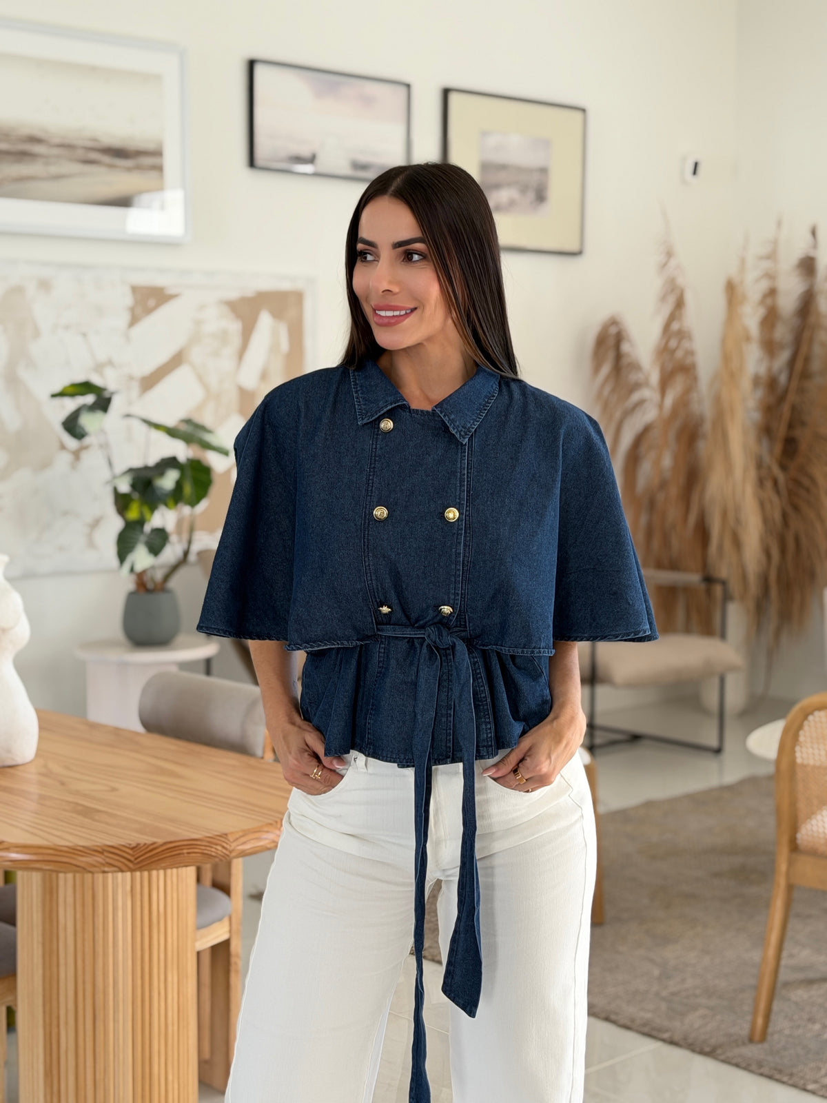 COLETTE DENIM CAPE JACKET - DARK BLUE