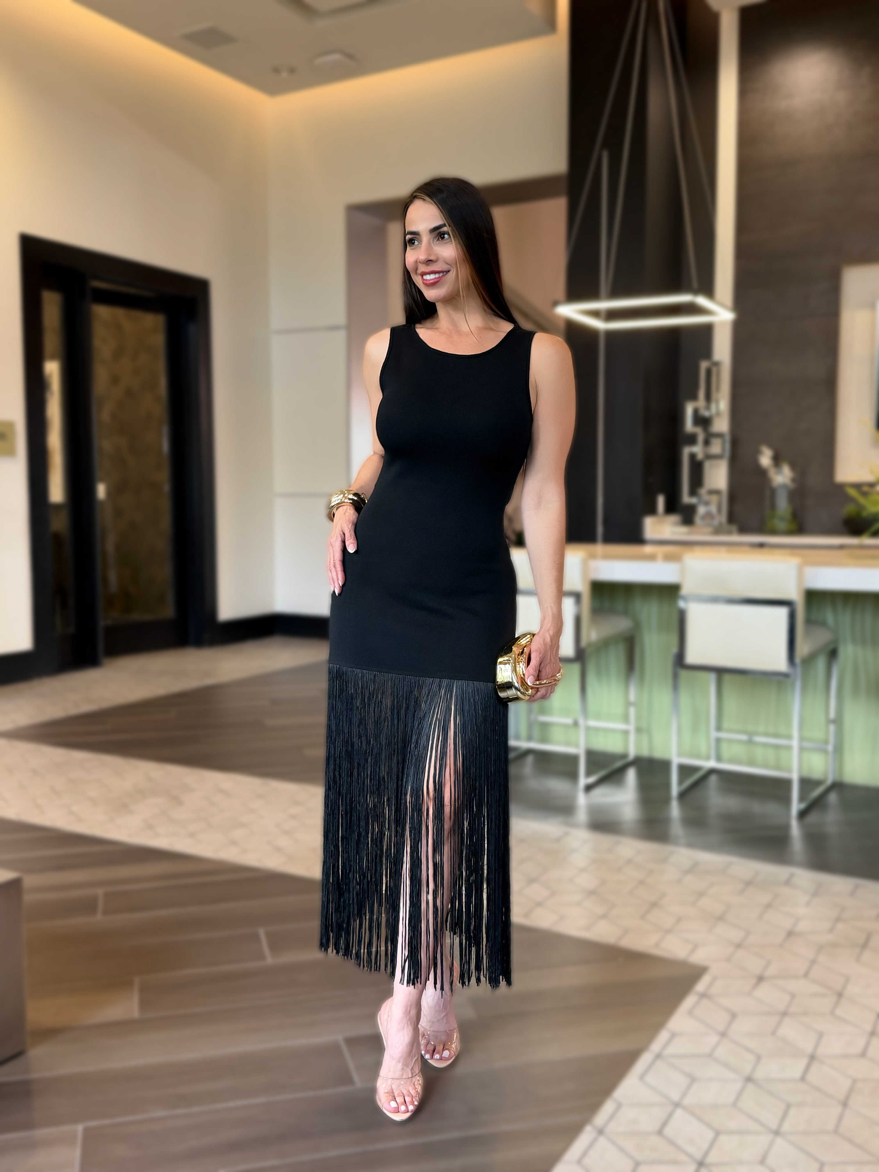 MONROE FRINGE DRESS BLACK