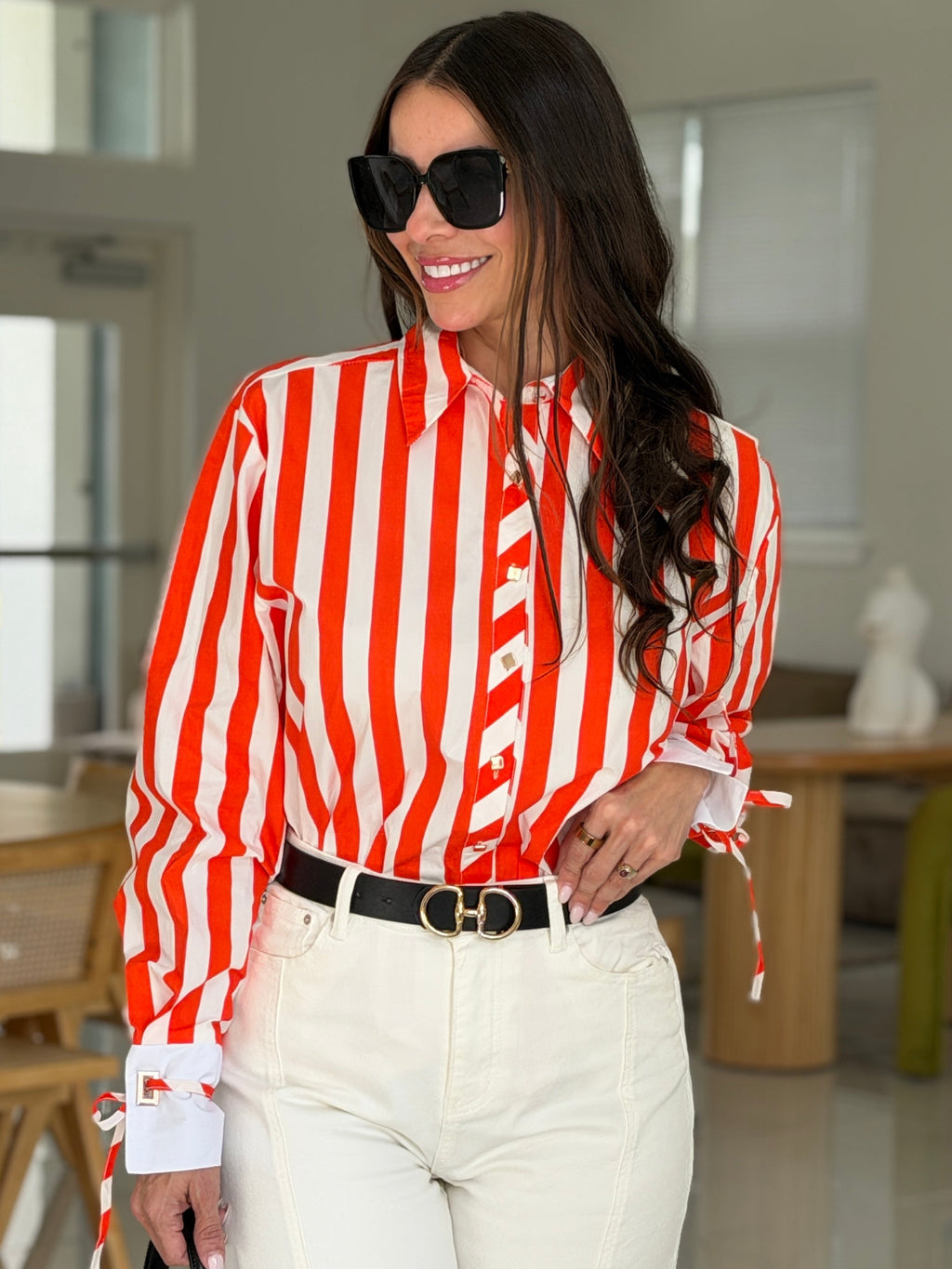VALENTINA STRIPED TIE CUFF BLOUSE