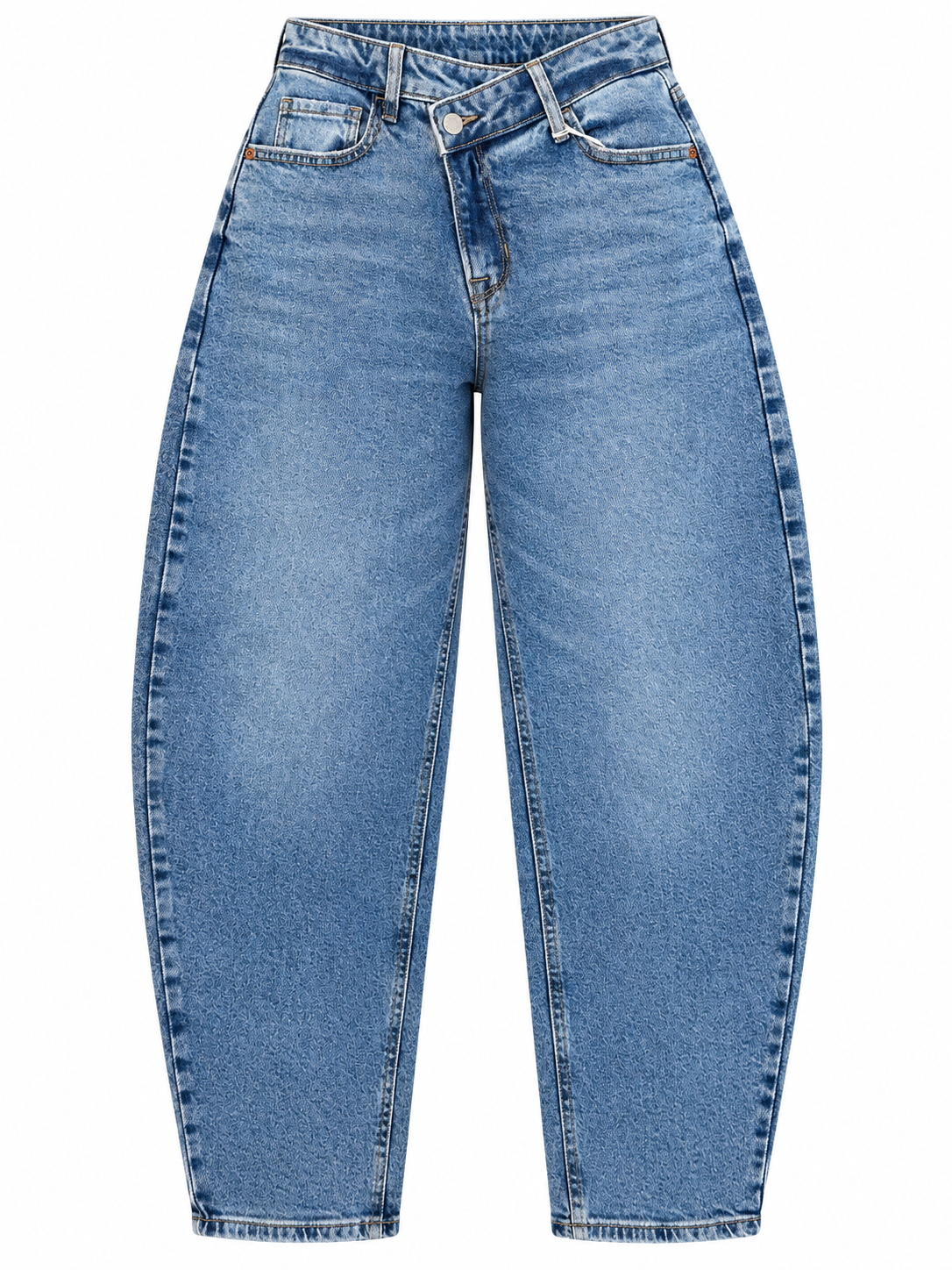 ASYMMETRIC WAIST CELLO BARREL JEANS