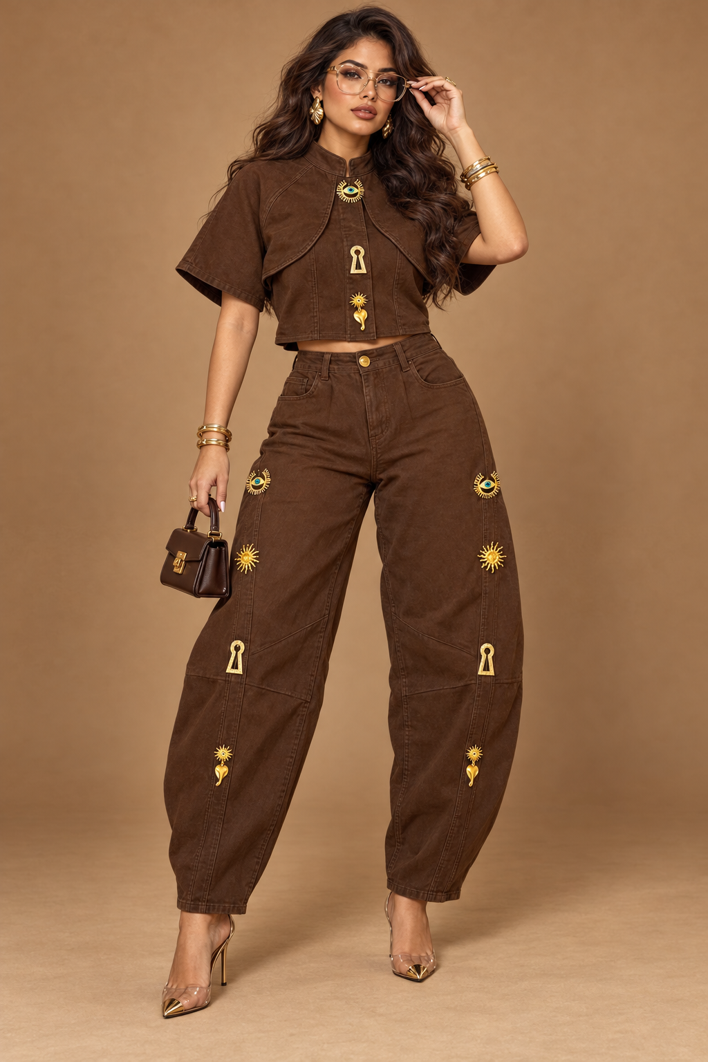 CLEO CHARM DENIM SET BROWN
