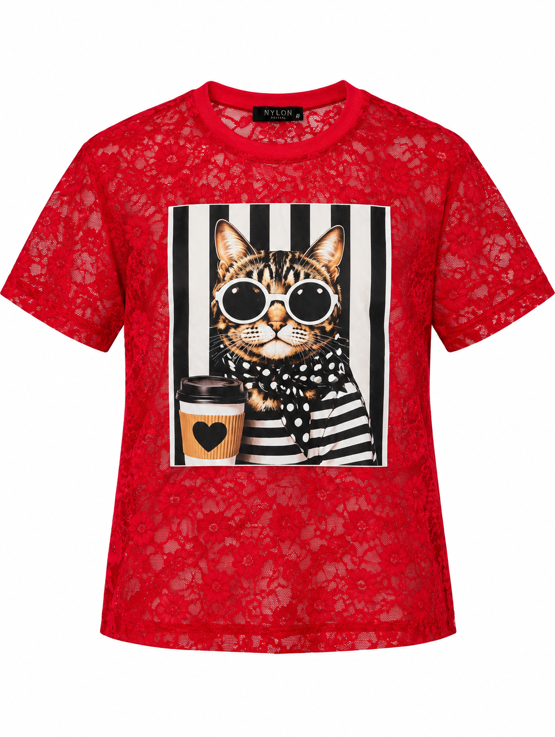 RED LACE CATITUDE GRAPHIC TEE