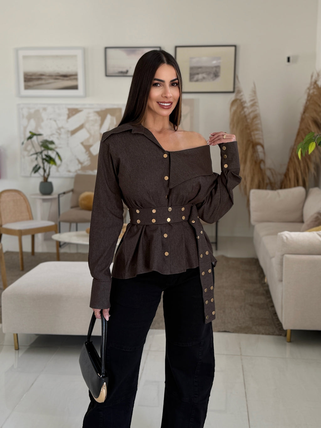 ESTELLE ASYMMETRIC DENIM TOP - CHOCOLATE