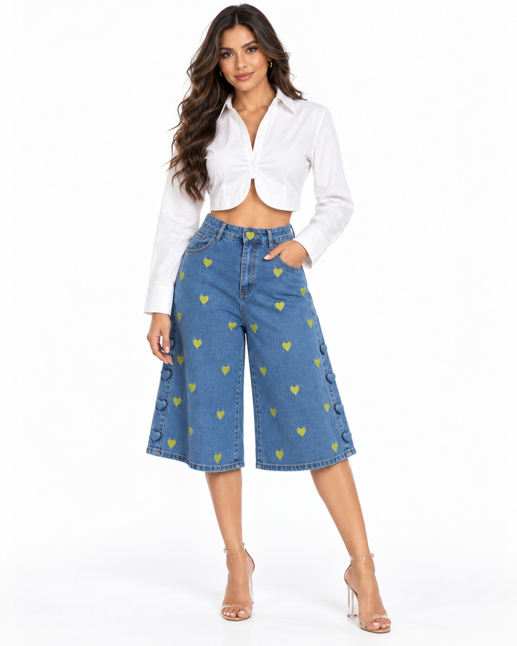 LIME HEART DENIM BERMUDA SHORTS
