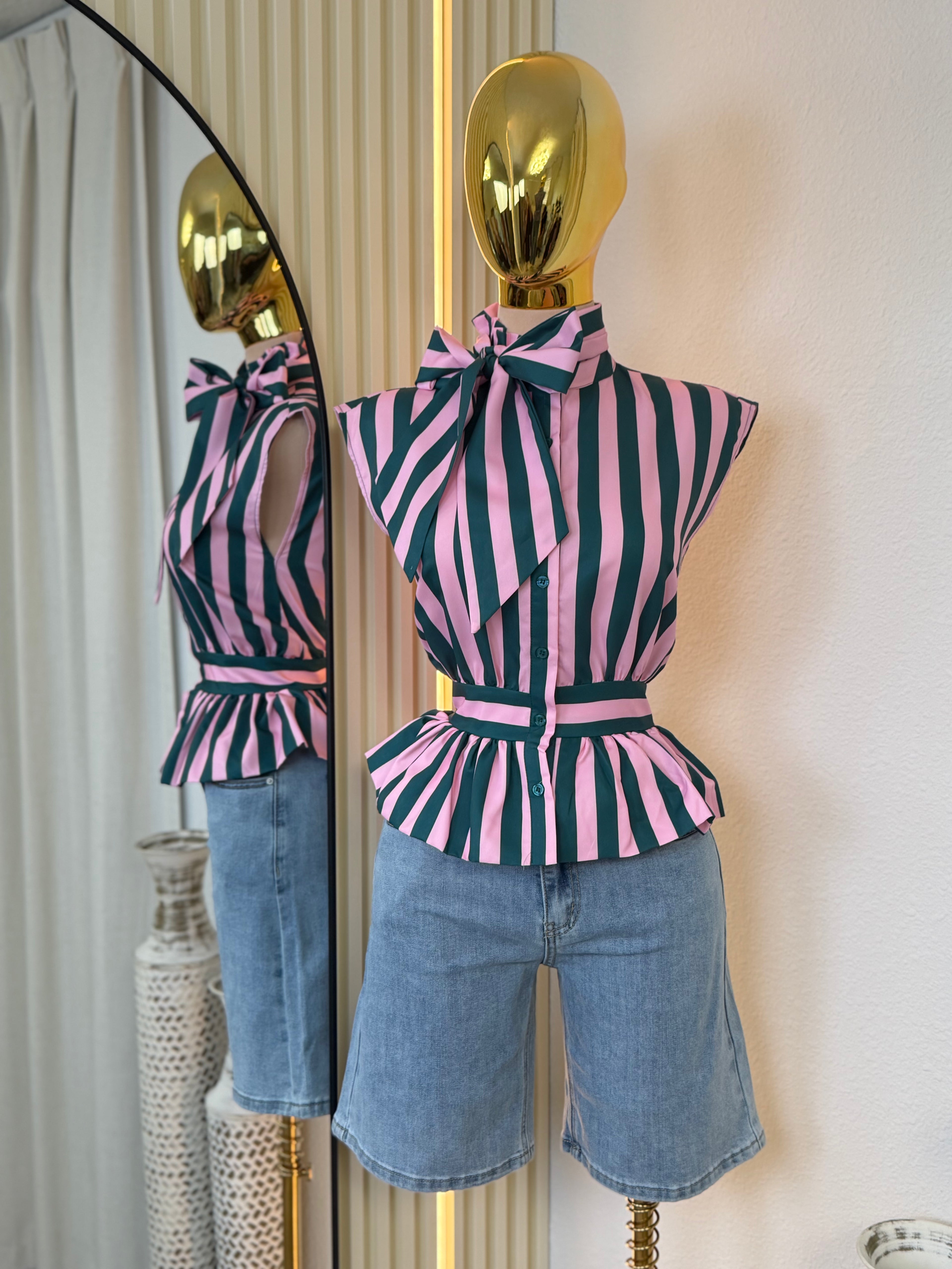Rosé Stripe Bow Peplum Blouse