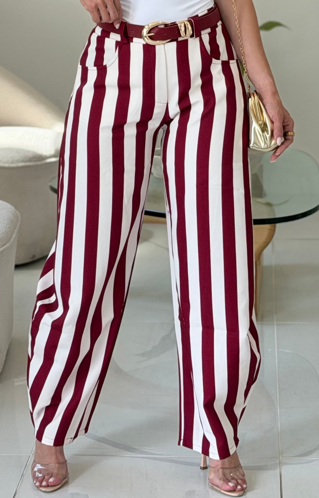 BORDEAUX STRIPE BARREL PANTS