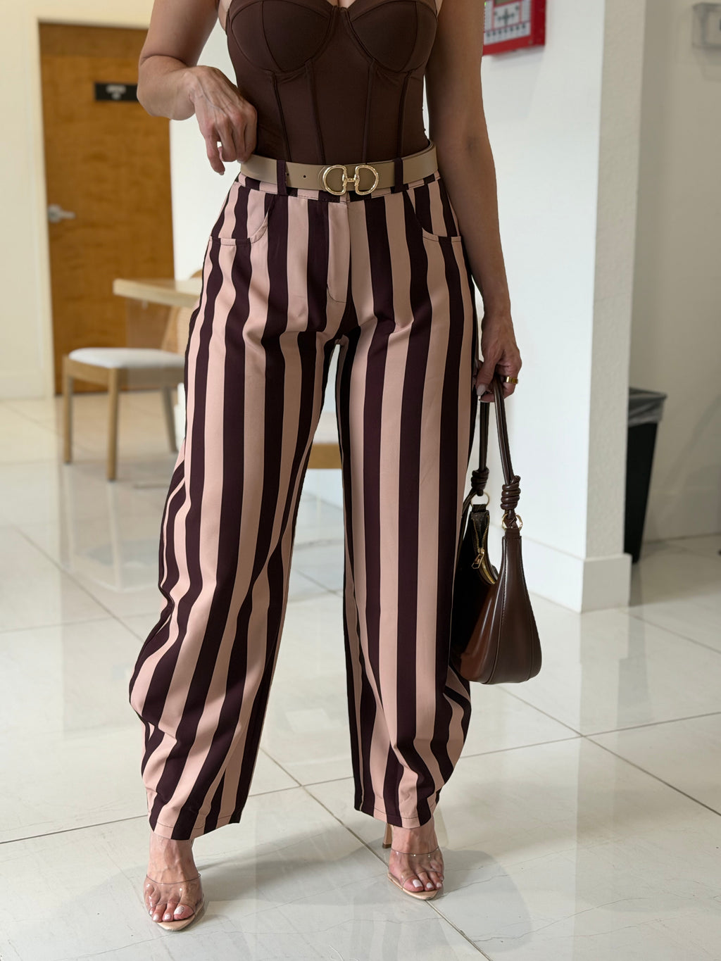 MOCHA STRIPE BARREL PANTS