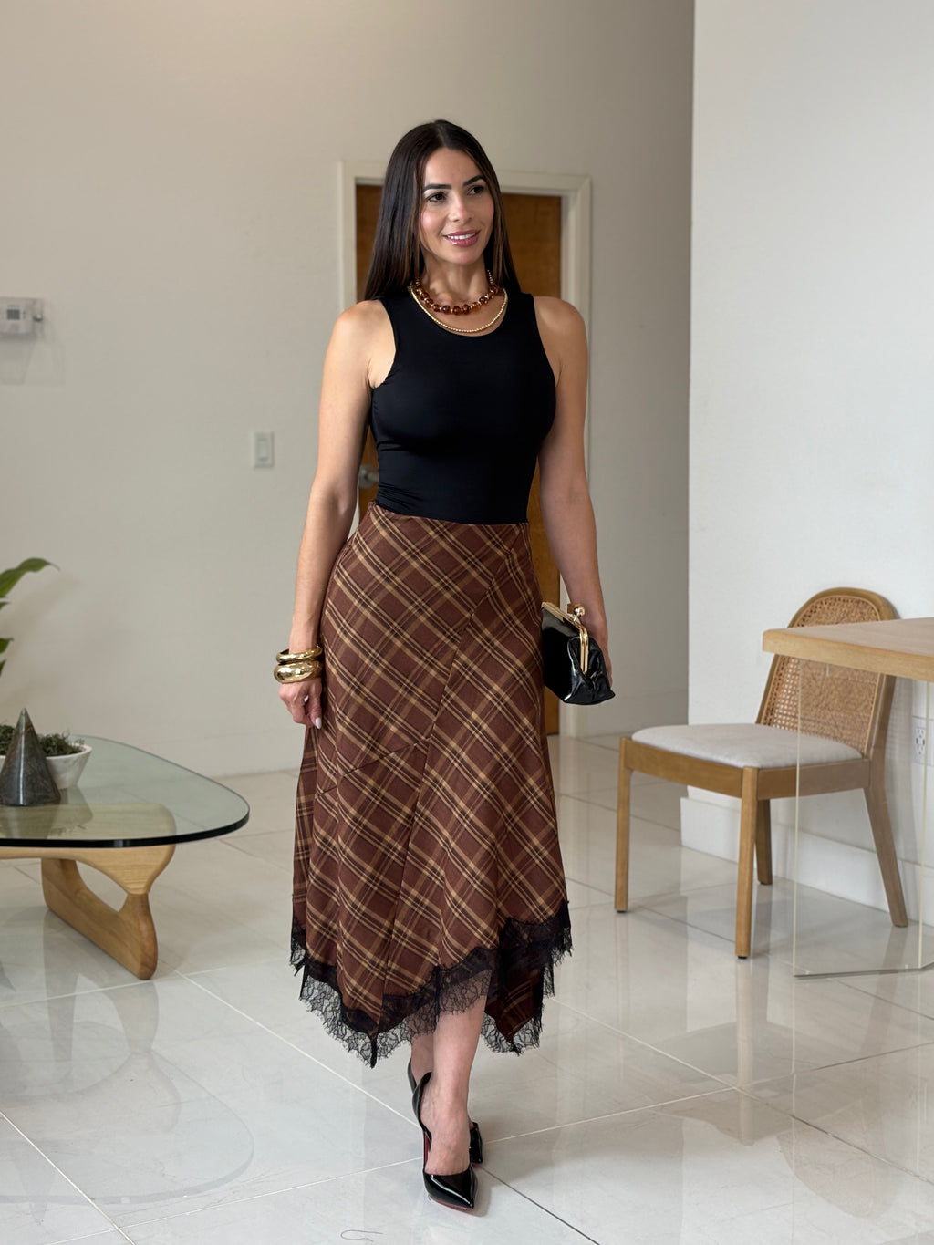SIENNA PLAID LACE MIDI SKIRT