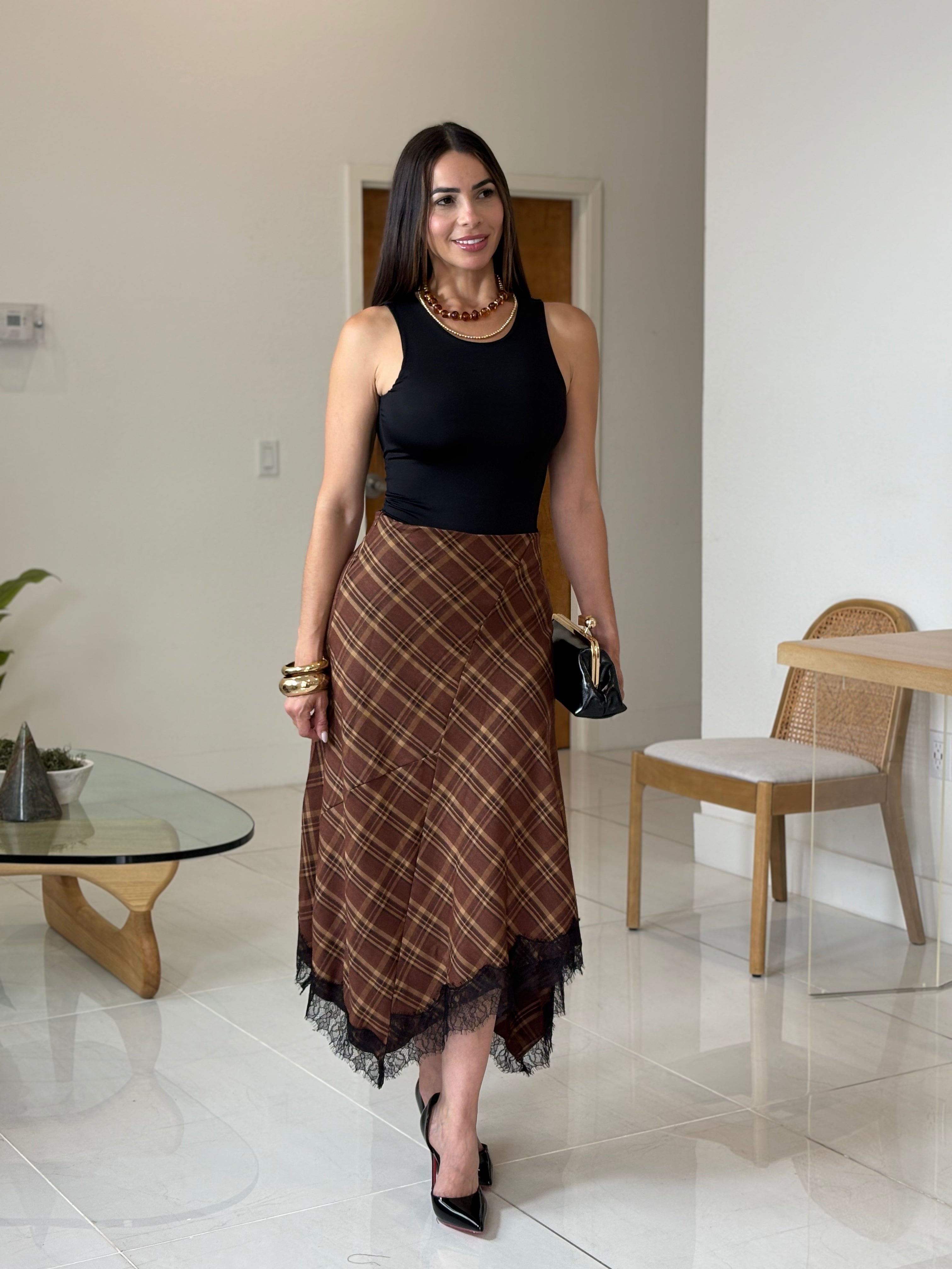 SIENNA PLAID LACE MIDI SKIRT
