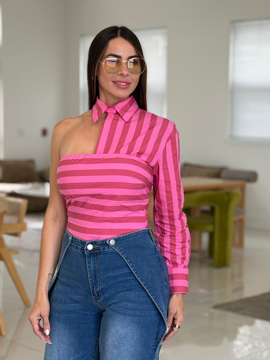 PINK STRIPE ASYMMETRIC TOP