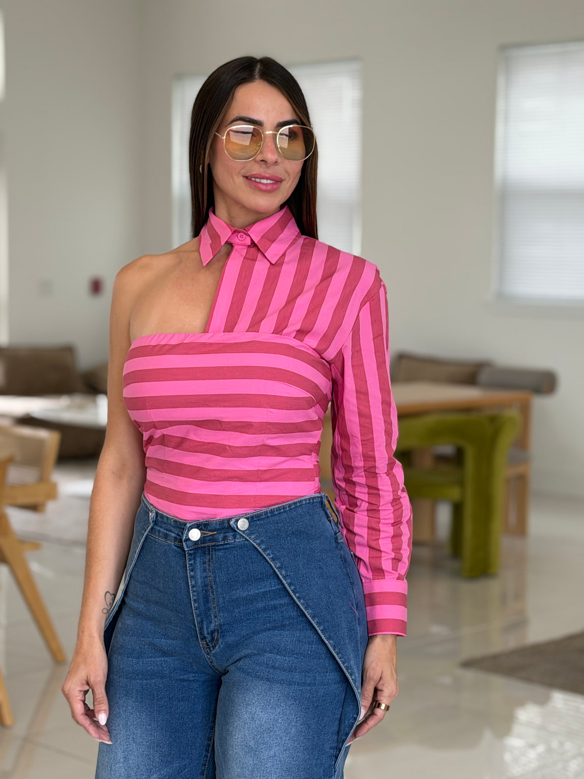 PINK STRIPE ASYMMETRIC TOP