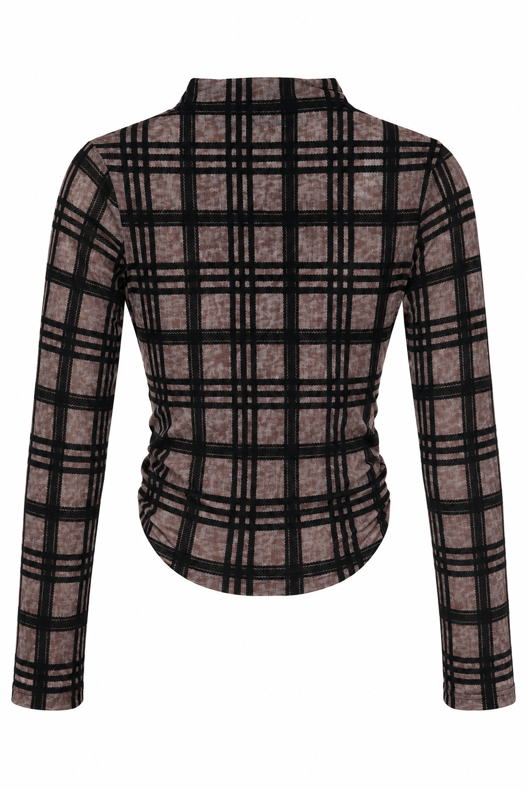 PLAID RUCHE MOCK NECK TOP