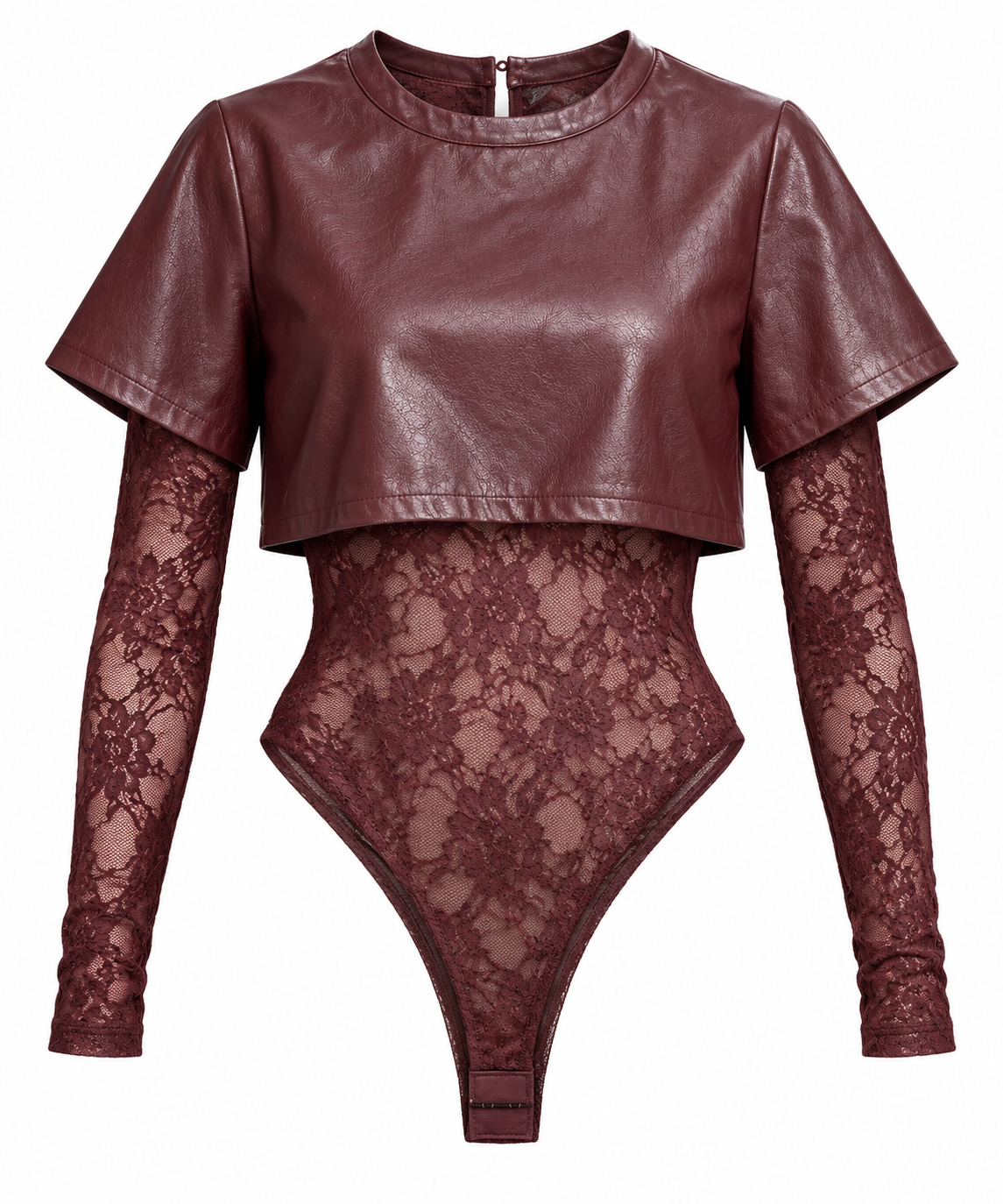 BURGUNDY LACE LEATHER BODYSUIT
