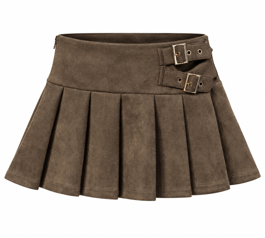 MOCHA BUCKLE PLEATED MINI SKIRT