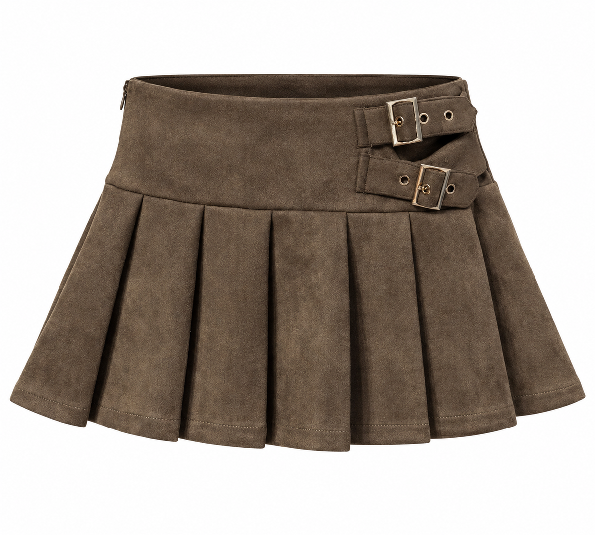 MOCHA BUCKLE PLEATED MINI SKIRT
